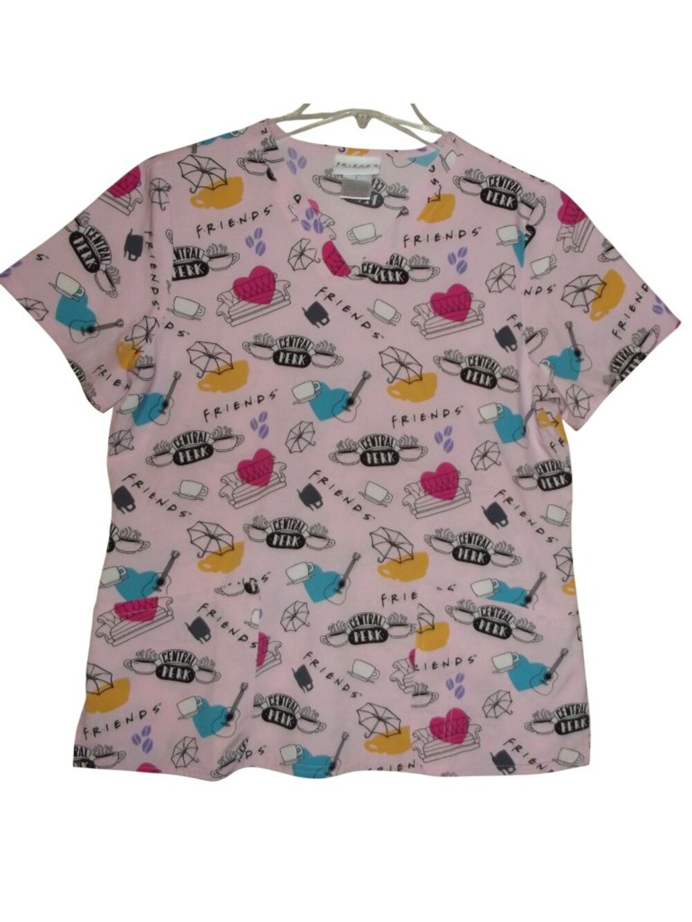 Friends Scrub Top Womens Size Large Pink v-neck Short Sleeve couch guitar coffee